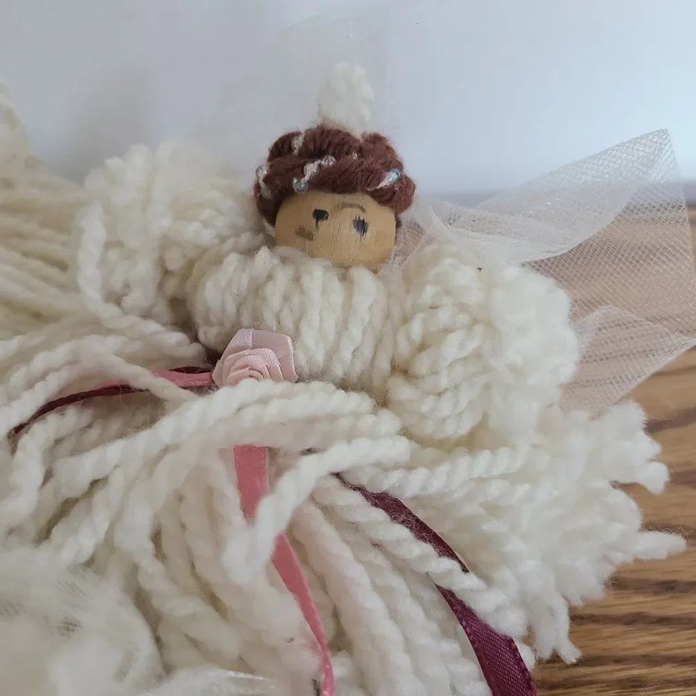 Vintage Five Yarn Mop Dolls Thimble Wood Bead Satin Ribbon Tulle Accent Handmade